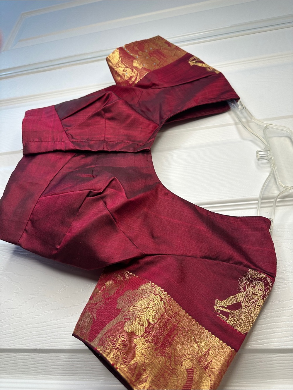 Women Maroon Silk Blend Blouse with Gold Accent Sleeves with Matching Petticoat